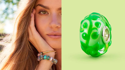 magic bean glass bead and model wearing Trollbeads bracelets